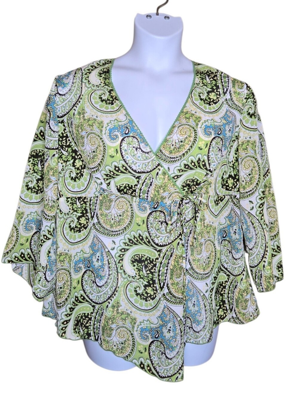 Y2K green paisley bell sleeve v-neck faux wrap blouse top 18W